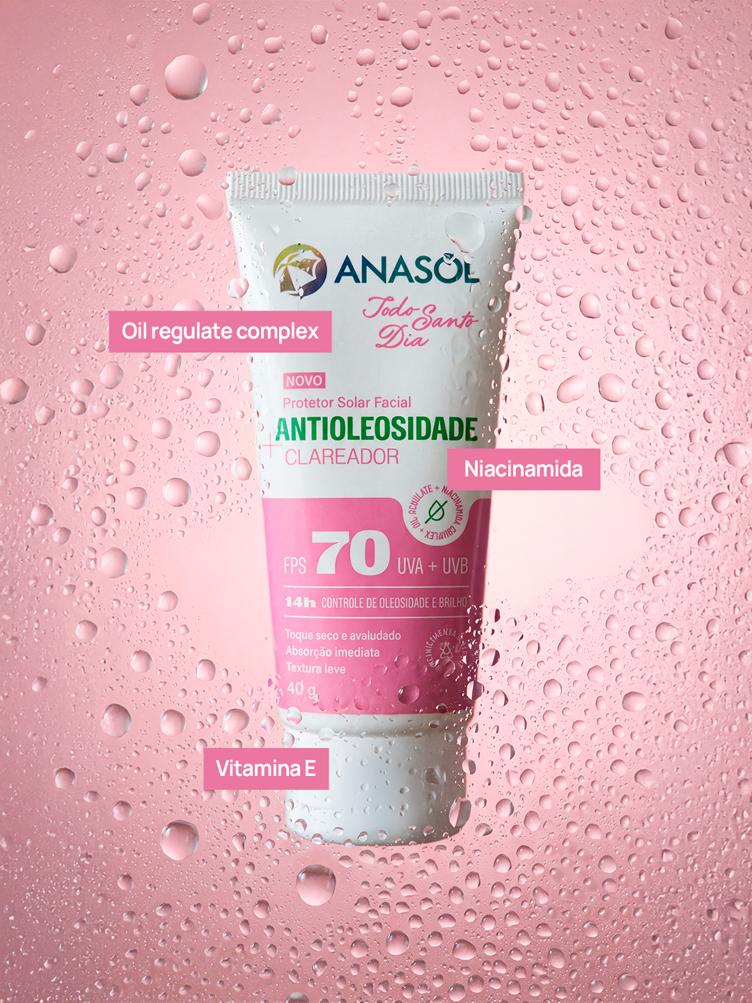 Protetor solar facial Anasol FPS 70 com destaque para os ativos da fórmula