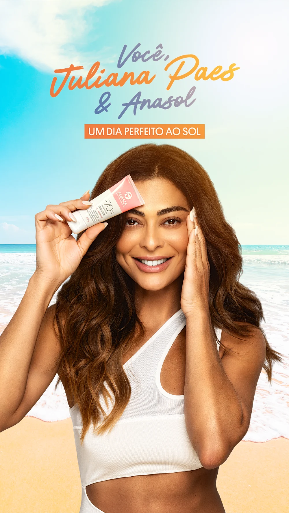 Juliana Paes na praia com o protetor Anasol Todo Santo Dia, campanha Um dia perfeito ao sol